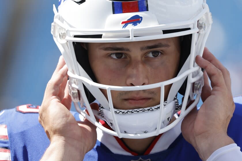 Buffalo Bills punter Matt Araiza (19) prior to a preseason NFL football game against the Indianapolis Colts.