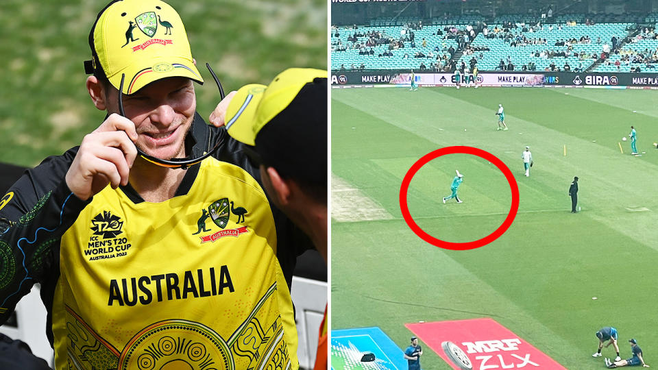 Steve Smith, pictured here hitting catching practice for his teammates before Australia's clash with New Zealand at the T20 World Cup.