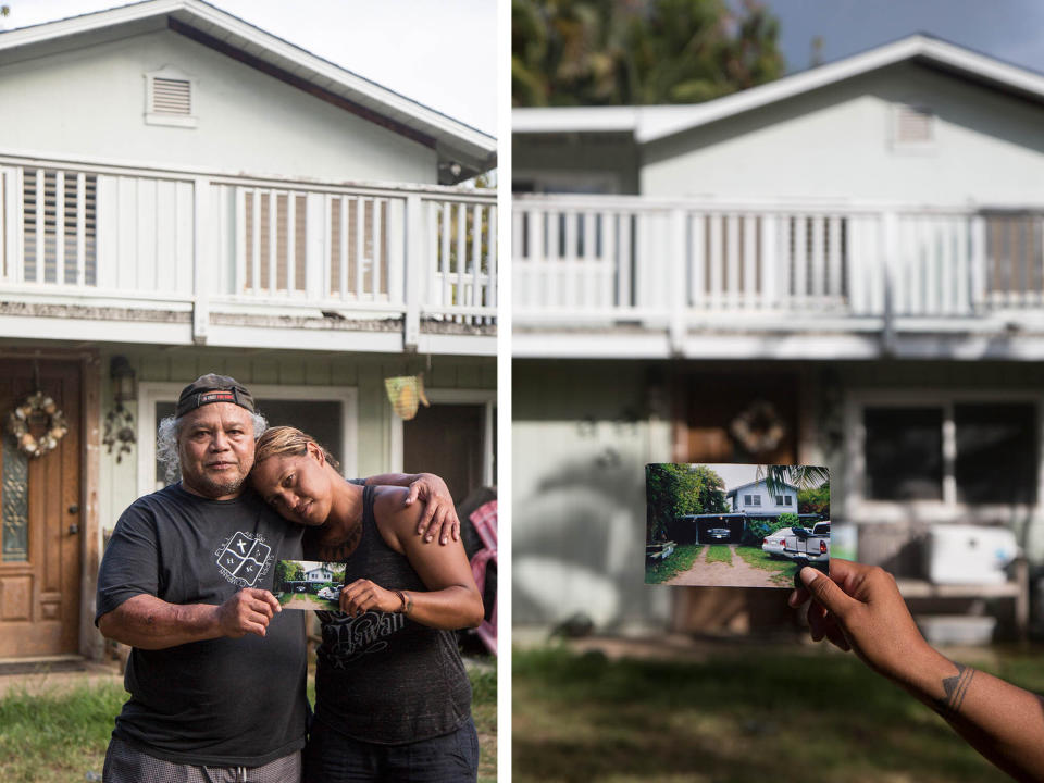 Left: Steven Oiph poses for a portrait with his youngest daughter, Kaʻiulani Manuwai, in the yard of their Kailua home. Right: Kaʻiulani Manuwai holds up an old photograph of what their home looked like prior to renovation. (Photo: MARIE ERIEL HOBRO )