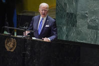 FILE - In this Sept. 21, 2021, file photo President Joe Biden delivers remarks to the 76th Session of the United Nations General Assembly at the United Nations Headquarters. Biden is set to host the first ever in-person gathering of leaders of the Indo-Pacific alliance known as "the Quad” on Friday, wrapping up a tough week of diplomacy in which he faced no shortage of criticism from both allies and adversaries. (AP Photo/Evan Vucci)