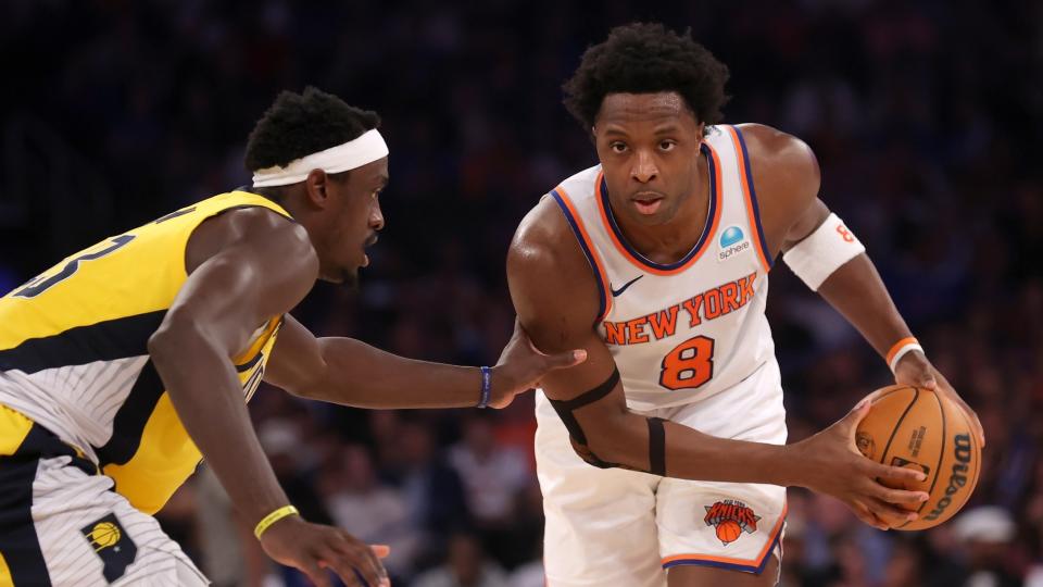 New York Knicks forward OG Anunoby (8) controls the ball against Indiana Pacers forward Pascal Siakam (43) during the second quarter of game one of the second round of the 2024 NBA playoffs at Madison Square Garden.