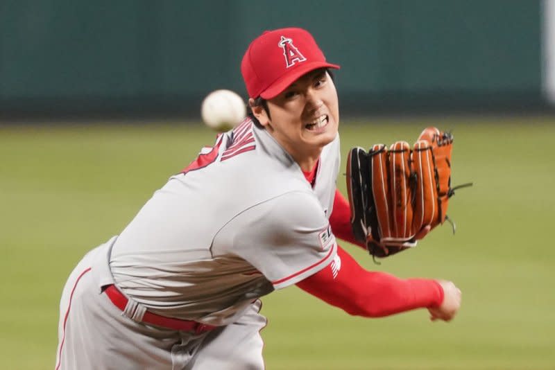 Los Angeles Angels starting pitcher Shohei Ohtani left the mound in the second inning of a start against the Cincinnati Reds on Wednesday in Anaheim, Calif. File Photo by Bill Greenblatt/UPI