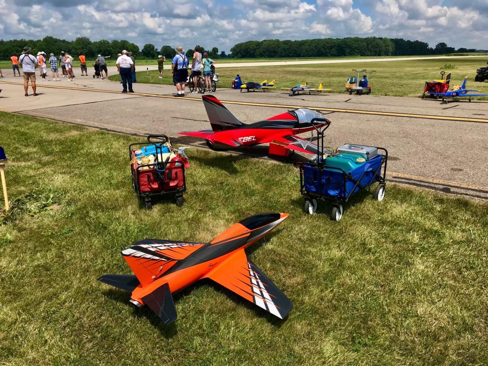 Some of the many model jet airplanes that participated in a meet recently at Monroe's Custer Airport.