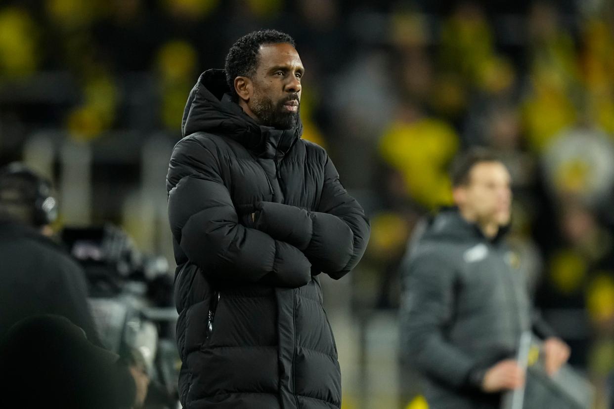 Nov 1, 2023; Columbus, Ohio, USA; Columbus Crew head coach Wilfried Nancy watches during the second half of the first round MLS Cup Playoffs matchup against Atlanta United at Lower.com Field. The Crew won 2-0.