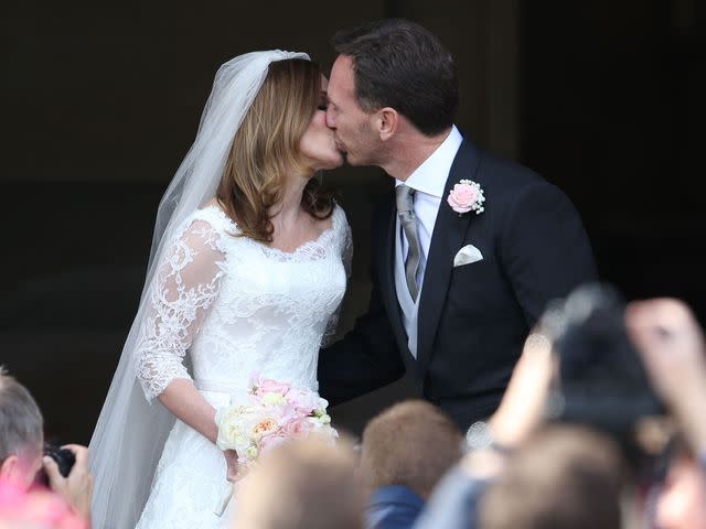 <p>SplashNews.com</p> Geri Halliwell-Horner and Christian Horner at St Mary's Church for their wedding on May 15, 2015