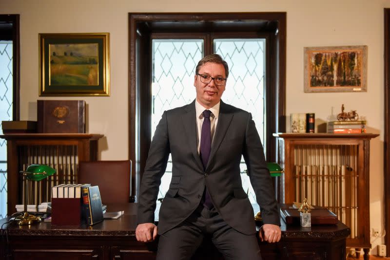 FILE PHOTO: Serbian President Aleksandar Vucic poses during an interview with Reuters in Belgrade