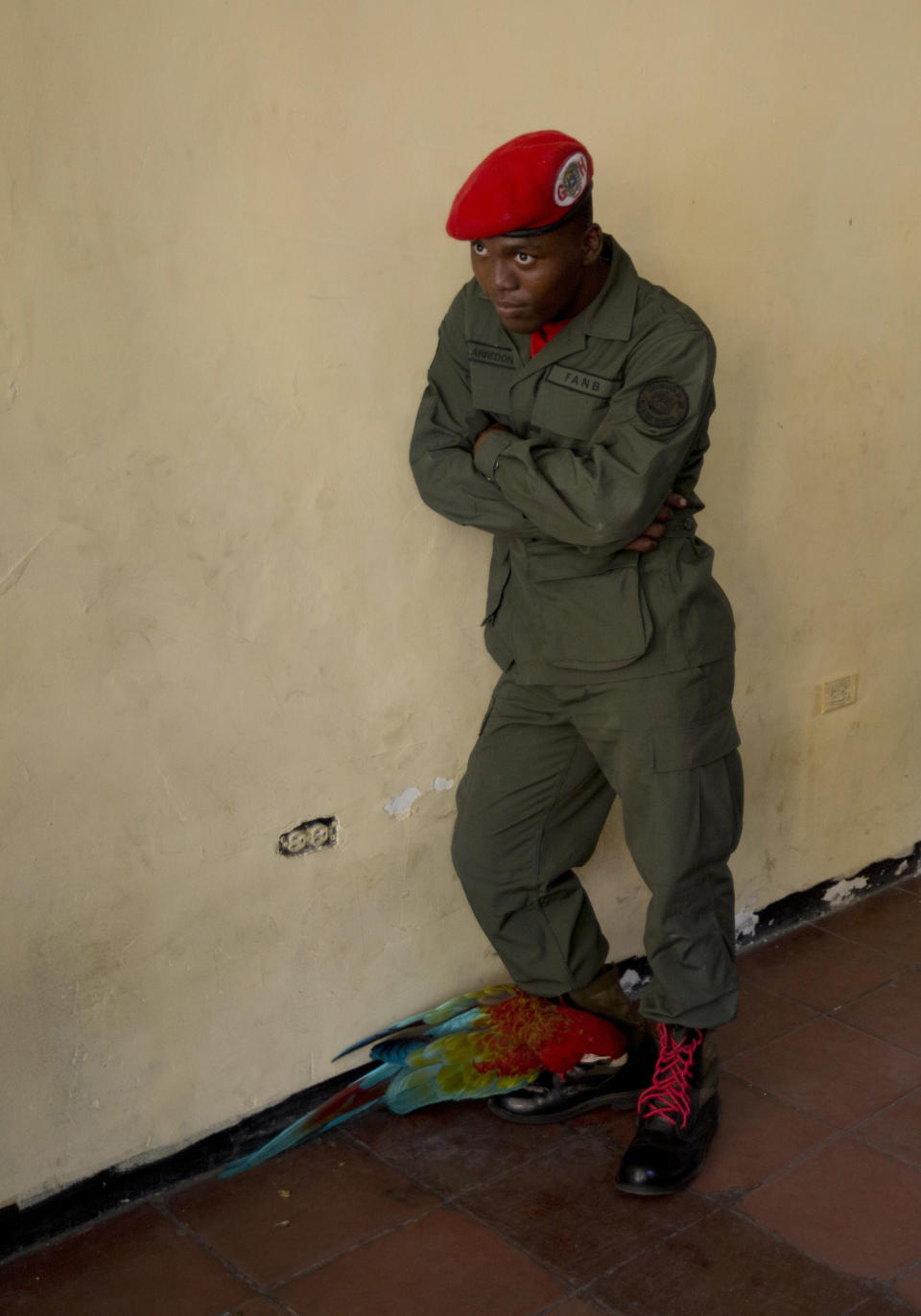 A presidential guard waits to cast his ballot at a school serving as a voting center, as the school's mascot parrot plays with his shoes in Caracas, Venezuela, Sunday, Dec. 9, 2018. Venezuelans headed to the polls Sunday to elect local city councils amid widespread apathy driven by a crushing economic crisis and threats of expulsion by opposition groups for candidates who participate in what they consider an "electoral farce." (AP Photo/Fernando Llano)
