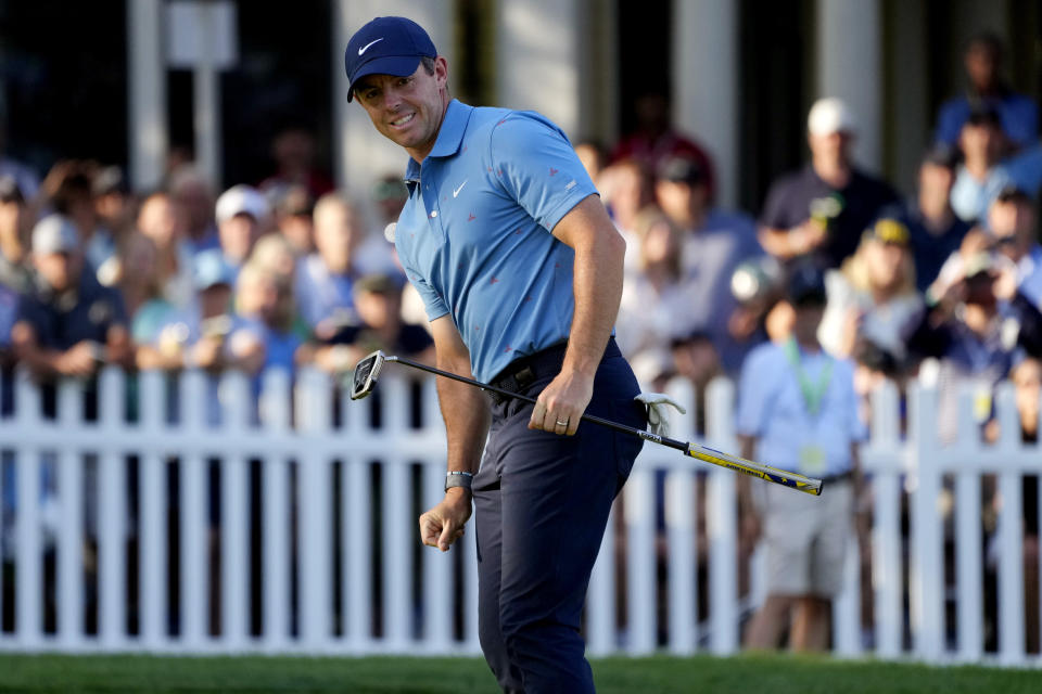 Rory McIlroy, of Northern Ireland, reacts after a putt on the 18th hole during the second round of the U.S. Open golf tournament at The Country Club, Friday, June 17, 2022, in Brookline, Mass. (AP Photo/Charles Krupa)