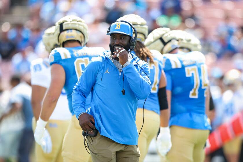 Pasadena, CA - April 27: Head coach DeShaun Foster of the UCLA Bruins looks on during the UCLA football spring showcase at the Rose Bowl Stadium on Saturday, April 27, 2024 in Pasadena, CA.(Meg Oliphant / For the Times)