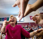 <p>Democratic presidential candidate Hillary Clinton greets supporters as she arrives for a rally at McGonigle Hall at Temple University in Philadelphia, July 29, 2016. Clinton and Kaine will begin a three day bus tour. (Photo: Andrew Harnik/AP)</p>