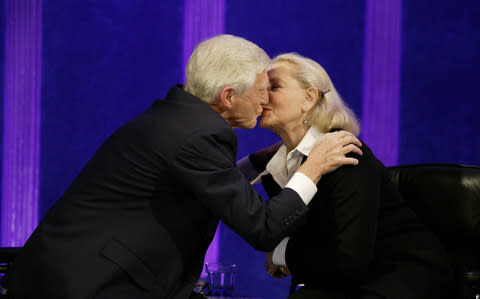 Parkinson kissing Lauren Bacall on his chat show in 2004 - Credit: Rex