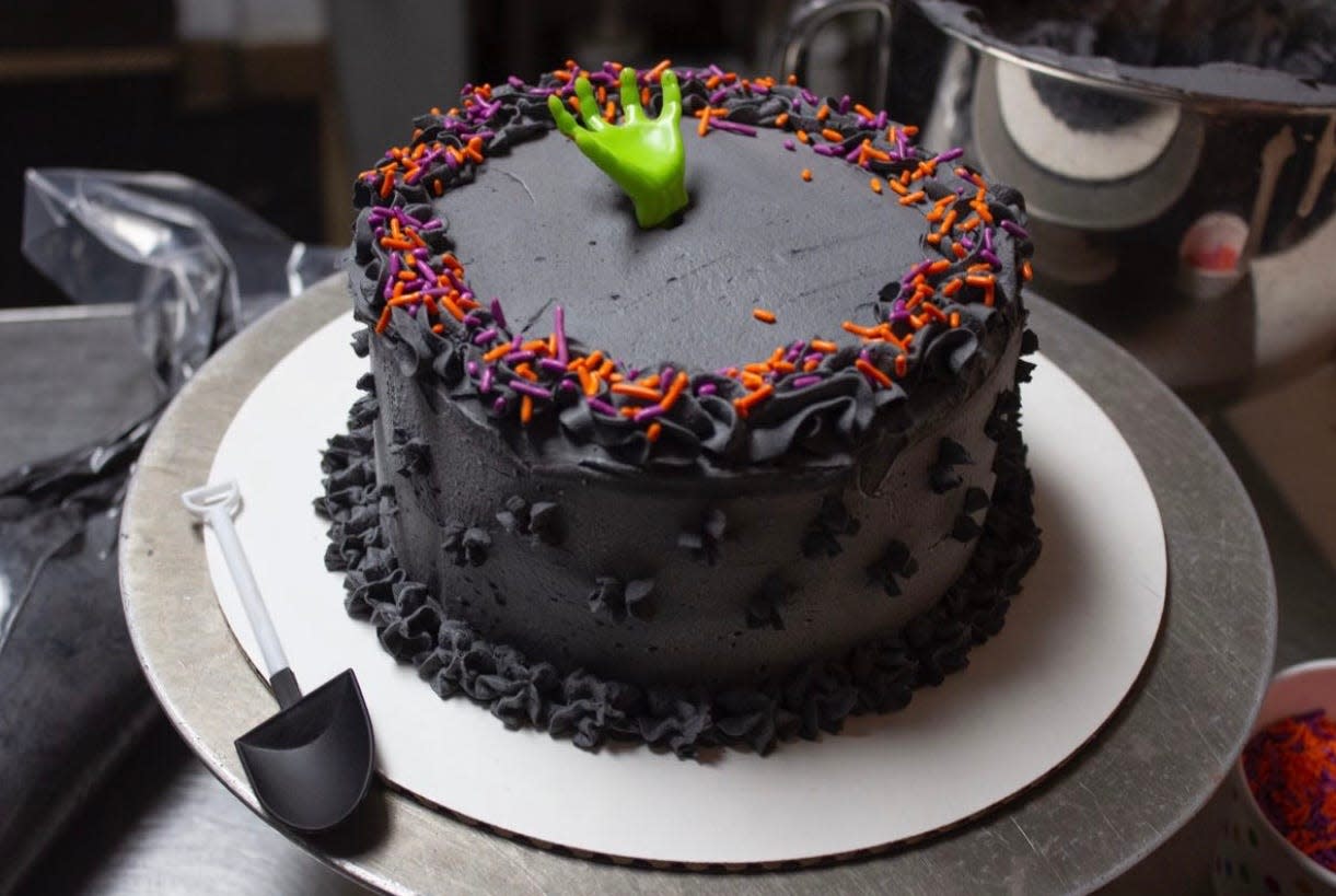 A grave-themed vegan ice cream cake with pumpkin, cookies and black whipped "scream" with activated coconut charcoal from Cookman Creamery in Asbury Park.