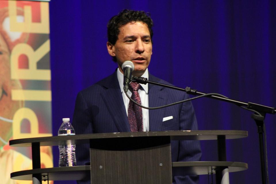 Rene Vargas, a candidate for the District 3 seat on the El Paso Independent School District's board of trustees, speaks during a candidate forum at Austin High School on Tuesday, April 2, 2024.