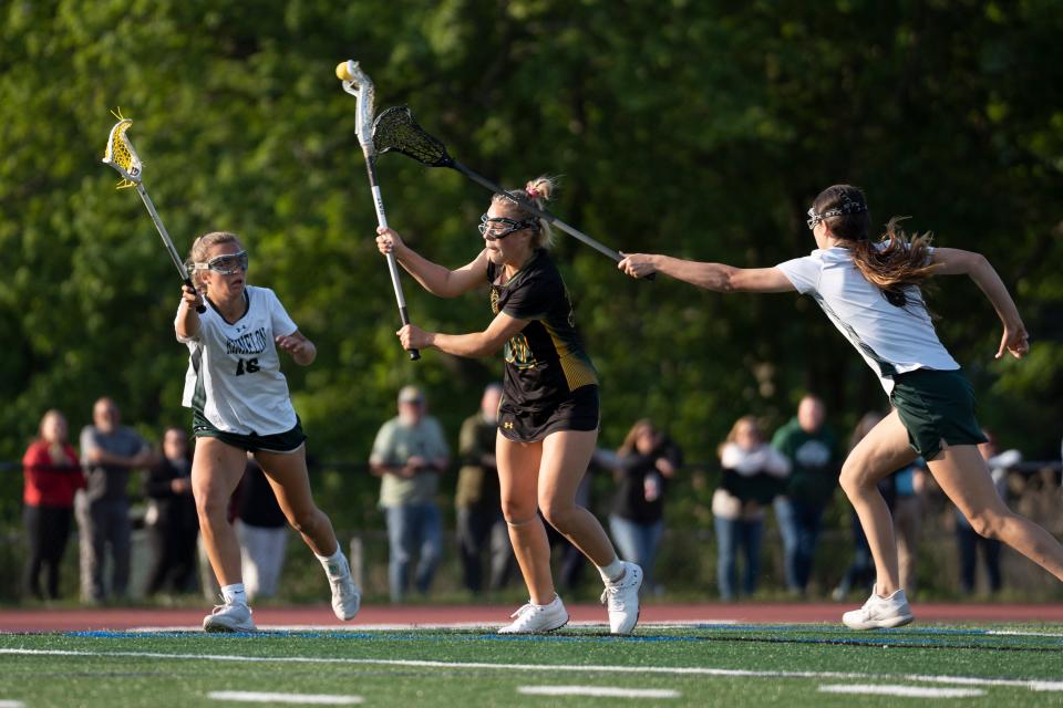 Morris Knolls at Kinnelon girls lacrosse game on Friday, May 19, 2023. MK #30 Addy Walker takes a shot. 