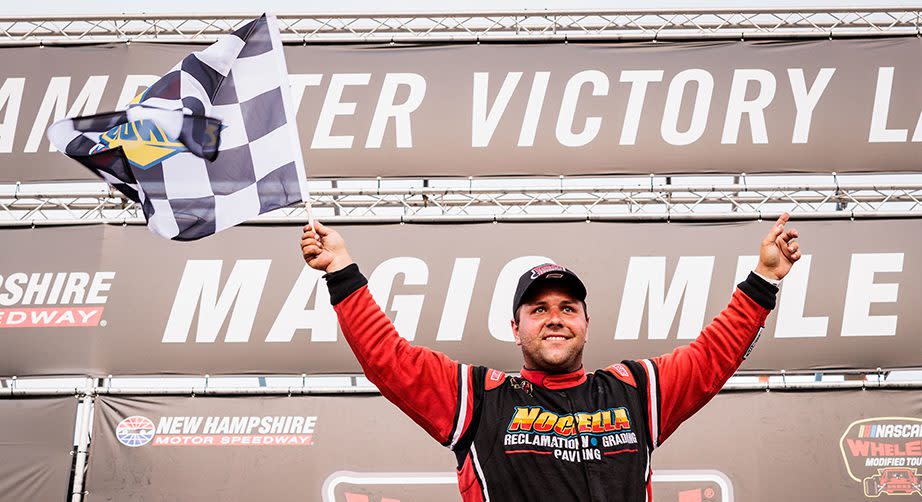 Anthony Nocella driver of the #92 Nocella Paving, K+D Associates, Airgas Chevrolet car reacts after winning the Whelen 100 for the Whelen Modified Tour at New Hampshire Motor Speedway on July 16, 2022 in Loudon, New Hampshire. (Nick Grace/NASCAR)