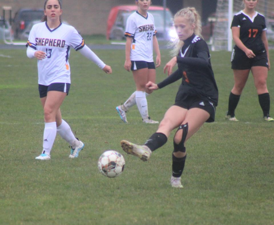 Cheboygan junior Taylor Bent (9) makes a pass during the first half against Shepherd on Friday.