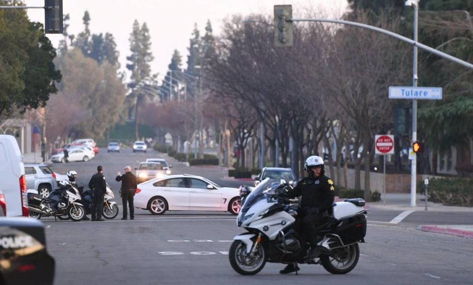 Traffic is blocked from P Street in front of Fresno City Hall for a press conference addressing the release of Memphis police video Friday Jan. 27, 2023 outside Fresno City Hall.