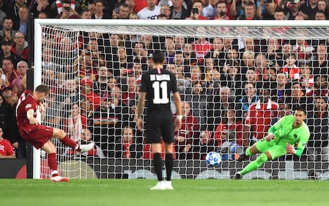 James Milner of Liverpool scores his team's second goal from a penalty past Alphonse Areola of Paris Saint-Germain during the Group C match of the UEFA Champions League between Liverpool and Paris Saint-Germain at Anfield on September 18, 2018 in Liverpool, United Kingdom - Credit:  Getty Images 