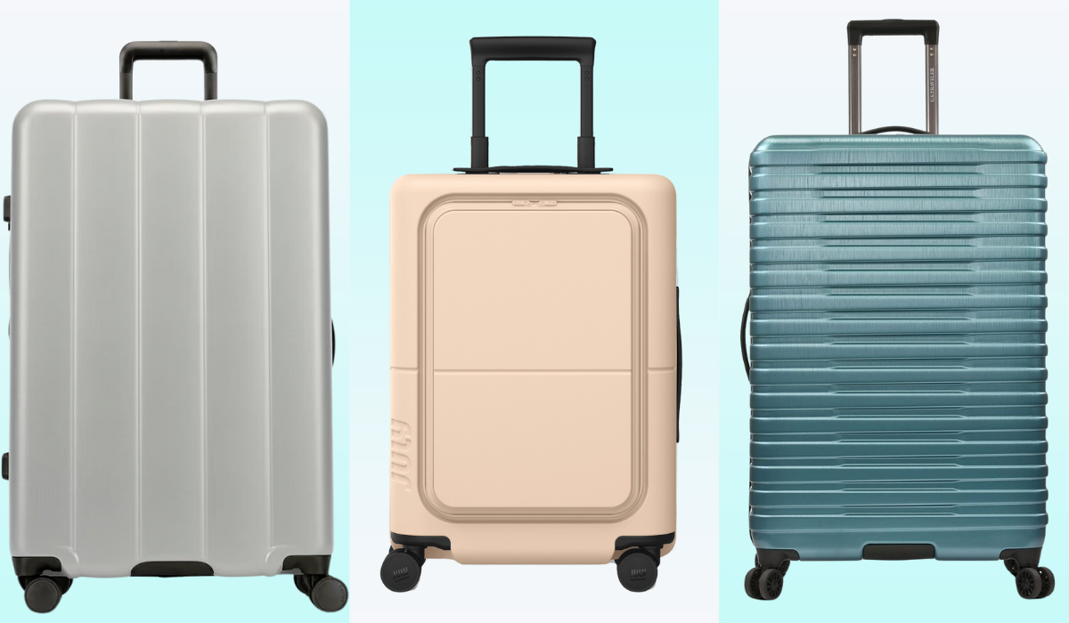 Three side-by-side images of rolling travel bags.