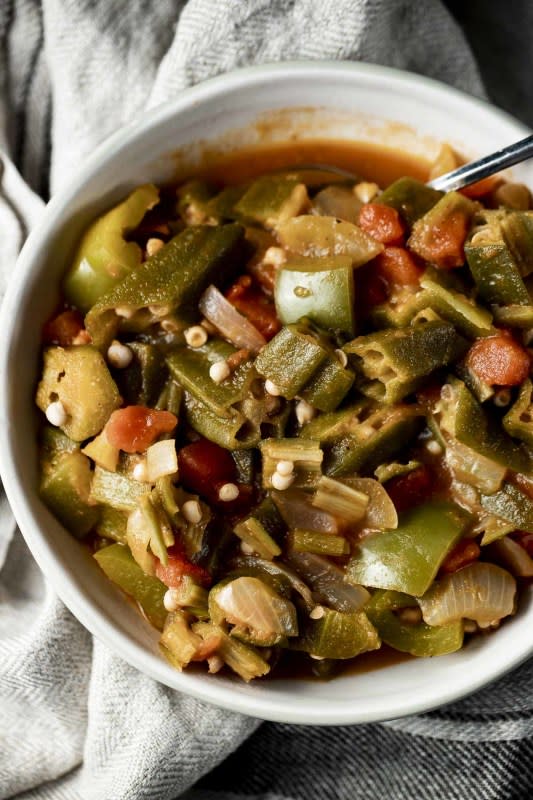 <p>Went Here 8 This</p><p>Smothered Okra and tomatoes is a thick and delicious southern style dish with lots of Cajun flavor. Serve it on its own or with rice for a comforting and filling meal!</p><p><strong>Get the recipe: <a href="https://www.wenthere8this.com/smothered-okra/" rel="nofollow noopener" target="_blank" data-ylk="slk:Smothered Okra and Tomatoes;elm:context_link;itc:0;sec:content-canvas" class="link rapid-noclick-resp">Smothered Okra and Tomatoes</a></strong></p>