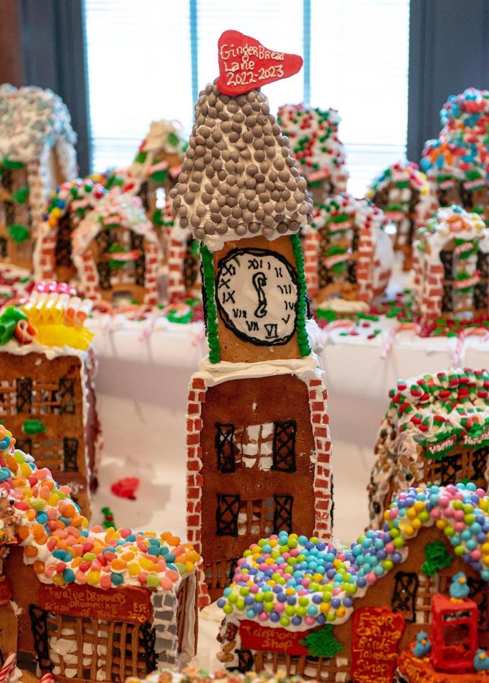 A gingerbread model of the County Club Plaza’s clock tower.