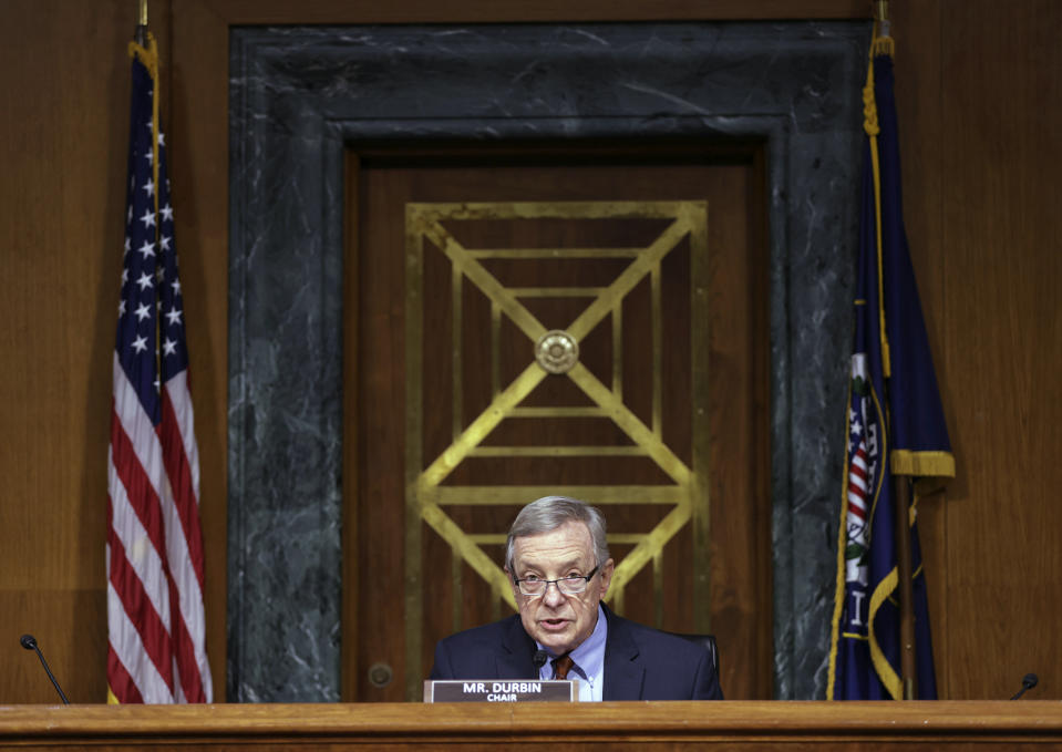 Committee Chairman Sen. Dick Durbin, D-Ill., gives opening remarks during a Senate Judiciary Committee hearing examining the Department of Justice on Capitol Hill in Washington, Wednesday, Oct. 27, 2021. (Tasos Katopodis/Pool via AP)