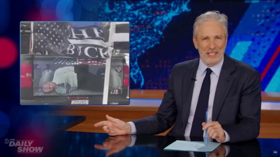 “The Daily Show” host Jon Stewart mocked MSNBC for not airing what it deemed a “disturbing” image of a decal of President Biden hogtied. The Daily Show