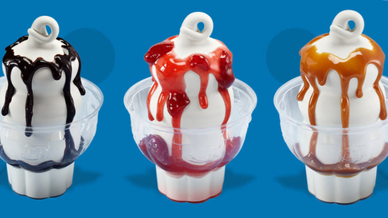 Dairy Queen sundaes with chocolate, strawberry, butterscotch syrup