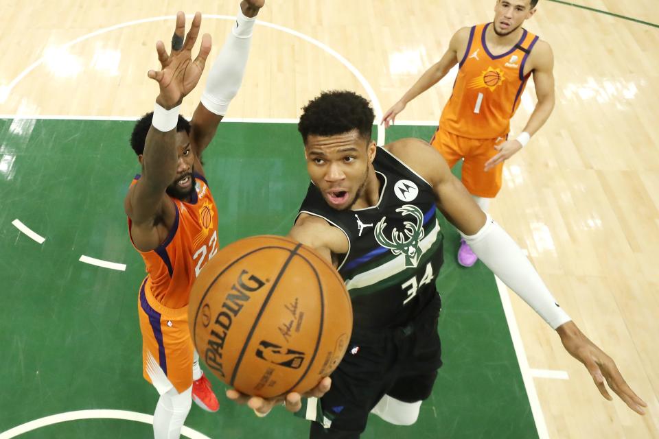 Giannis Antetokounmpo became the first player to record at least 50 points, 10 rebounds and five blocks in an NBA Finals game since blocks were tracked starting in 1973-74.