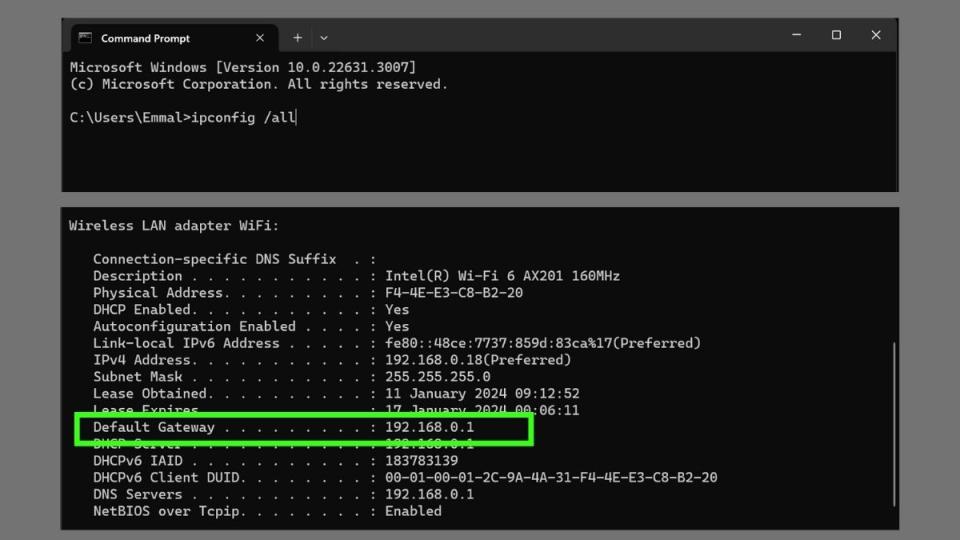 Screenshot showing how to find IP address and Gateway details in Windows