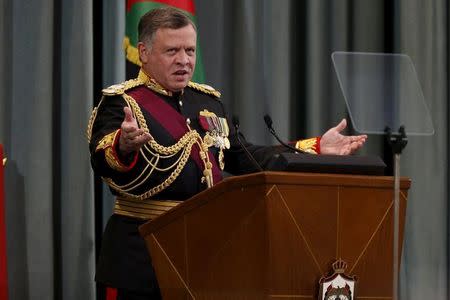 Jordan's King Abdullah speaks during the opening of the third ordinary session of the 17th Parliament in Amman, Jordan, November 15, 2015. REUTERS/Muhammad Hamed/File Photo