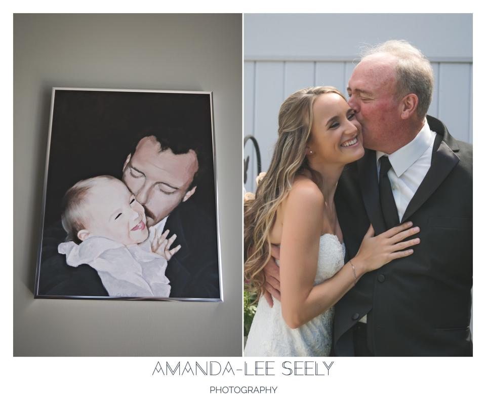 "When I arrived at the house of my bride, Cara, the first thing I noticed was a painting of her and her dad and quickly snapped a photo. At the first look between father and daughter, I recreated the pose, not knowing how cherished the painting was. Cara's uncle had painted that image and he unexpectedly passed 6 months before the wedding so this collage was special to them." --&nbsp;<i>Amanda-Lee Seely</i>