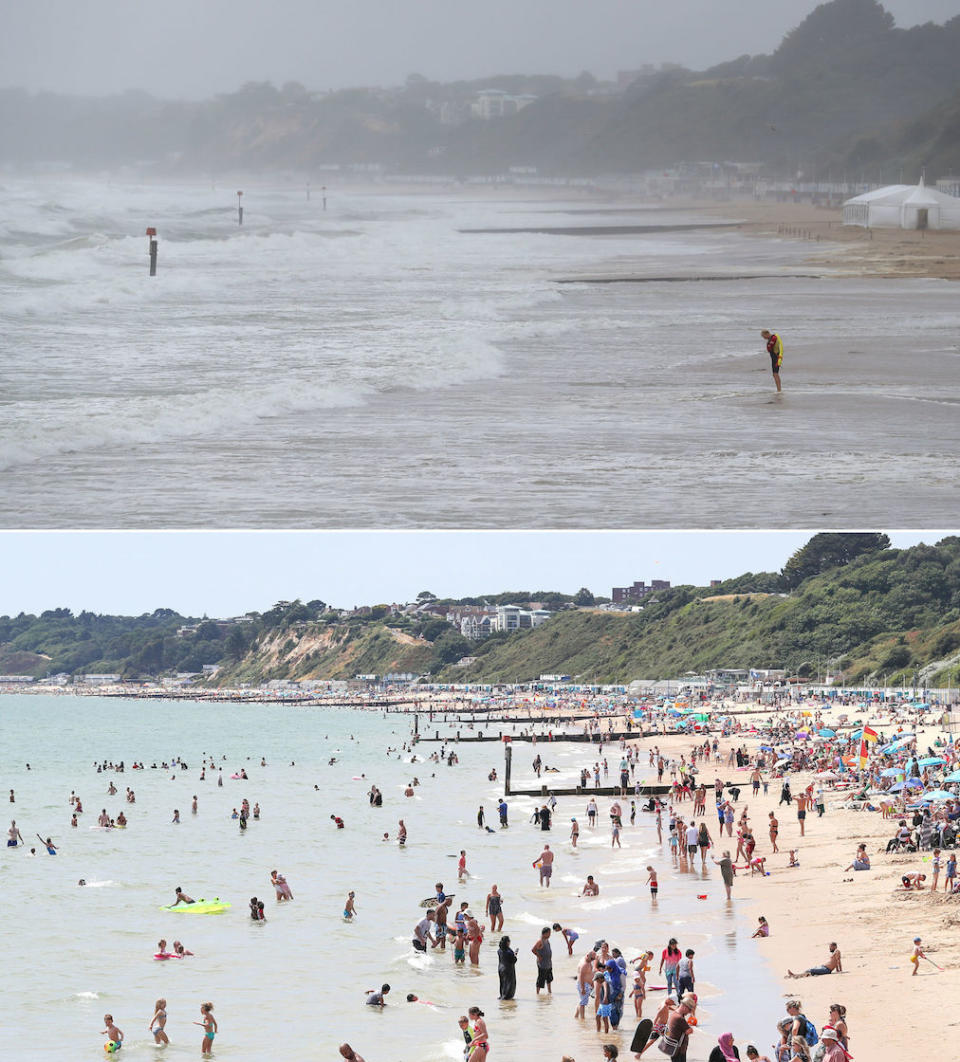 The difference between the beach scene at Bournemouth on Sunday, top, and last Wednesday, below (Picture: PA)