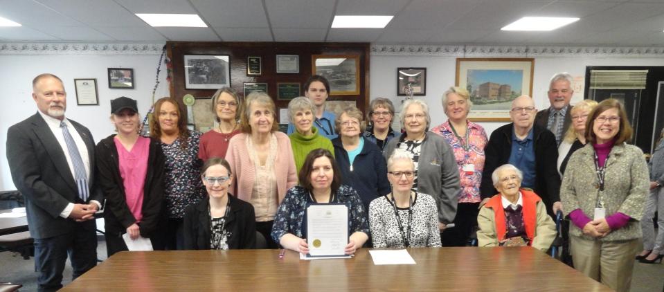 May 2023 has been proclaimed as Older Americans Month in Wayne County. Marking the occasion May 4 with the county commissioners were Area Agency on Aging (AAA) Advisory Council members (marked with an asterisk-*) and community members. From left, seated are: AAA staff Leigh Washington, (Director) Mary Ursich, and Joanne Hooey; and community member Frances Lloyd a long-time volunteer at the Hawley Senior Center, who is 103 years old. Standing: Commissioner Brian Smith, AAA staffer Cassie Brink, Victoria Bickel, Carol Barrett*, Nancy Sasso*, Sally Burgin*, AAA staffer Russell Schemitz (in back), Jean Theobald, Virginia Toy, Anita Robertson, Kim Ericson, Ron Lewis, Commissioner James Shook (in back), Kim Stinnard and Commissioner Jocelyn Cramer.