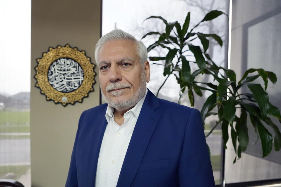 Osama Siblani, publisher of the Arab American News is photographed in his office, Wednesday, April 10, 2024, in Dearborn, Mich. As the war in Gaza enters its seventh month, some Muslim and Arab American leaders have grown frustrated with outreach from President Joe Biden's White House. After months of mounting concerns over Palestinian suffering, Biden had publicly — albeit vaguely — threatened to cut U.S. assistance to Israel's military operations in Gaza. “This is baby steps,” Siblani said he responded to a Biden adviser. “What we need is giant steps rather than baby steps.” (AP Photo/Carlos Osorio)