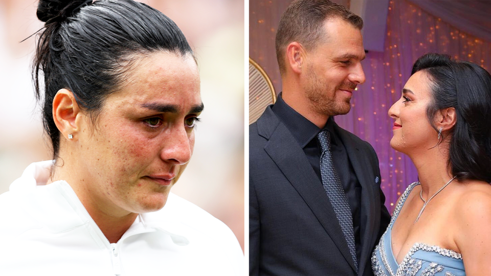 Ons Jabeur in tears after Wimbledon and Jabeur with her husband.