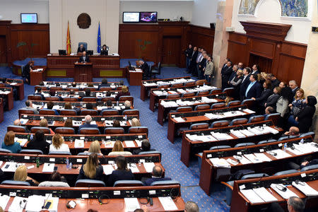 A group of opposition members of VMRO-DPMNE stand to boycott the vote as Macedonian parliament passes constitutional changes to allow the Balkan country to change its name to the Republic of North Macedonia, in Skopje, Macedonia October 19, 2018. REUTERS/Tomislav Georgiev