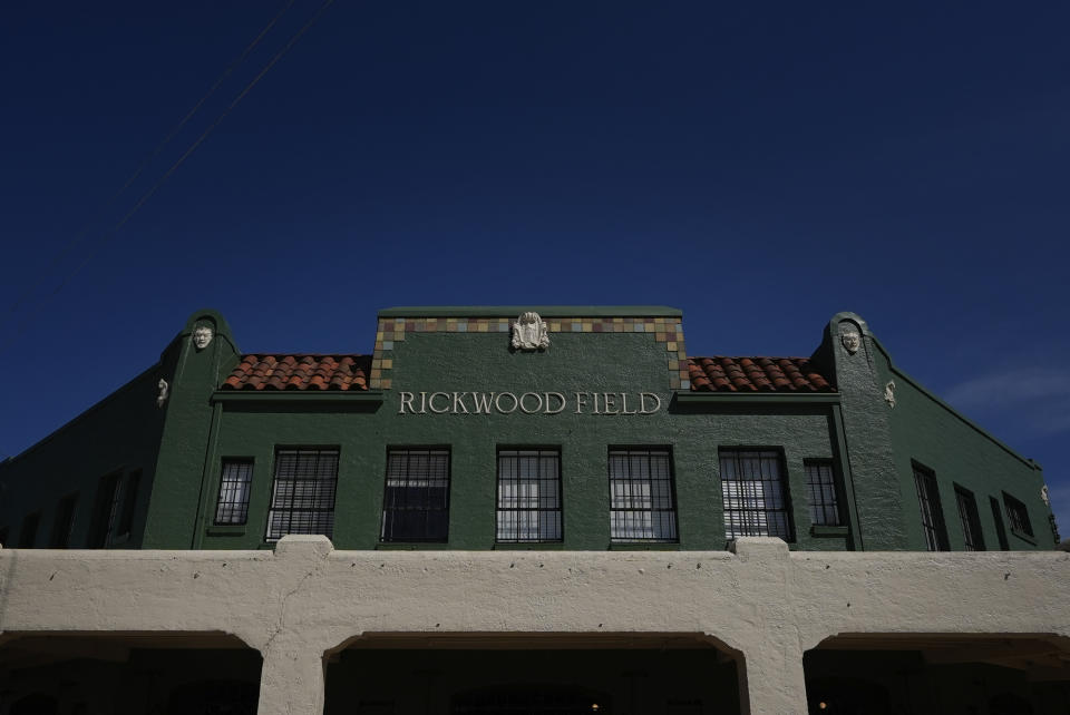 The front entrance is seen at Rickwood Field, Monday, June 10, 2024, in Birmingham, Ala. Rickwood Field, known as one of the oldest professional ballpark in the United States and former home of the Birmingham Black Barons of the Negro Leagues, will be the site of a special regular season game between the St. Louis Cardinals and San Francisco Giants on June 20, 2024. (AP Photo/Brynn Anderson)