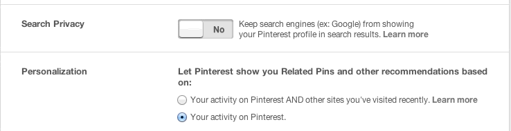 Pinterest privacy commands