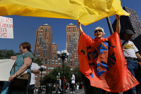 A woman demonstrates against Brazil's president Michel Temer during a protest in Union Square in the Manhattan borough of New York City, New York, U.S. May 21, 2017. REUTERS/Carlo Allegri