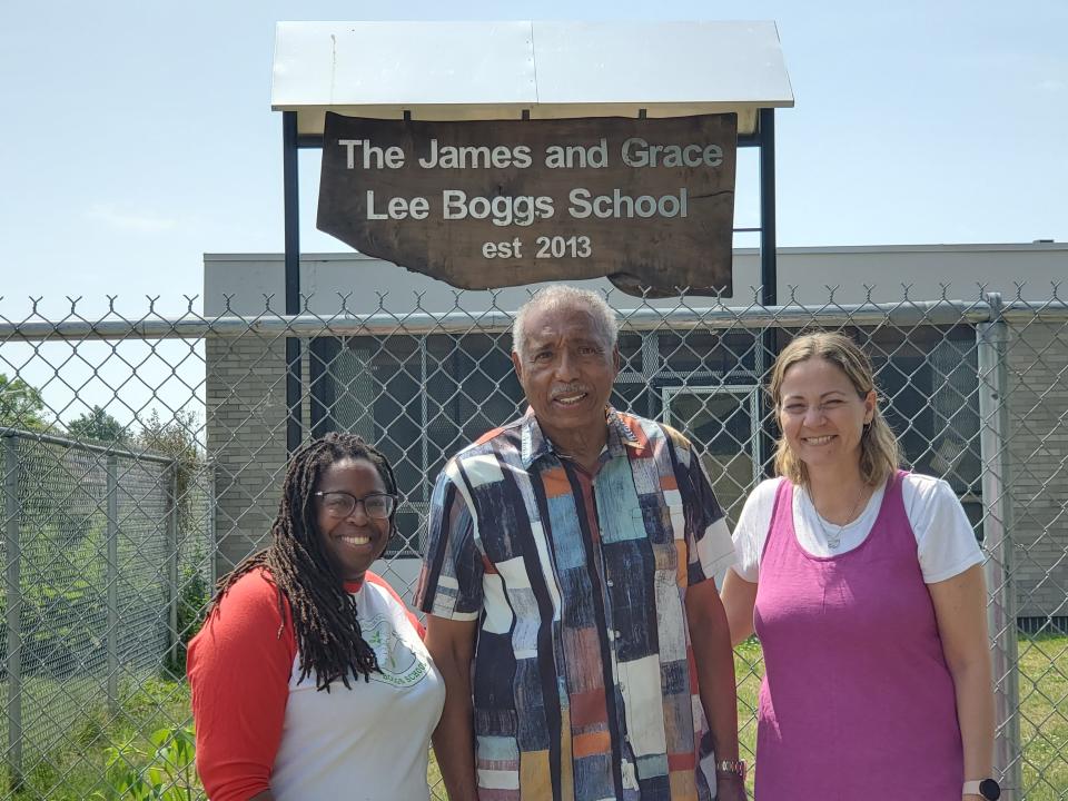 Since the opening of The James and Grace Lee Boggs School in 2013, Principal and Co-Founder Julia Putnam (left) and Executive Director and Co-Founder Amanda Rosen have remained connected to the school's roots, including Donald Boggs (center), a longtime champion for labor across metro Detroit and the son of the late James Boggs.