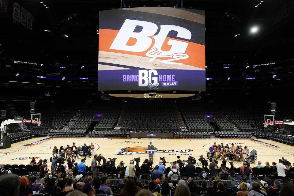 Rep. Greg Stanton, D-Ariz., speaks at a rally for basketball player Brittney Griner on Wednesday, July 6, 2022, in Phoenix. Griner has been detained in Russia for more than four months and is currently on trial, accused of possessing vape cartridges containing cannabis oil. (AP Photo/Ross D. Franklin)