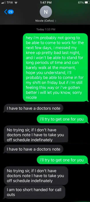 A person emailing their boss that they hurt their leg and the boss replying they have to take them off schedule if they don't have a doctor's note