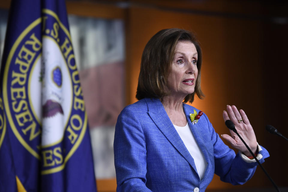 House Speaker Nancy Pelosi of Calif., speaks during a news conference on Capitol Hill in Washington, Friday, July 26, 2019. (AP Photo/Susan Walsh)