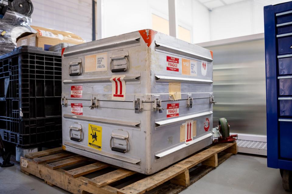 A box that will transport asteroid samples collected by OSIRIS-REx is pictured at Dugway Proving Grounds on Thursday, July 20, 2023. NASA and military personnel are preparing for the Sept. 24 reentry of the sample return capsule from the OSIRIS-REx spacecraft, which collected samples from the asteroid Bennu. After the capsule touches down in the remote Utah desert, the samples will be unloaded at Dugway before being transported to the Johnson Space Center in Houston inside this box. | Spenser Heaps, Deseret News