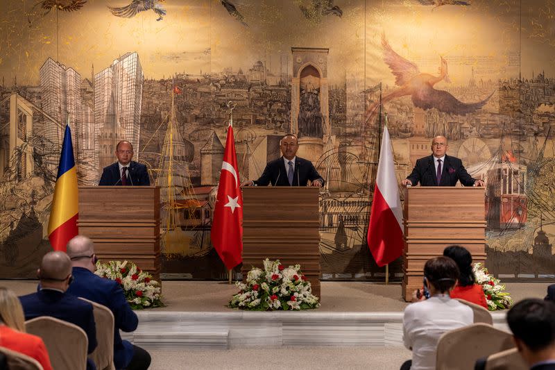 Turkish Foreign Minister Mevlut Cavusoglu meets with Polish Foreign Minister Zbigniew Rau and Romanian Foreign Minister Bogdan Aurescu in Istanbul