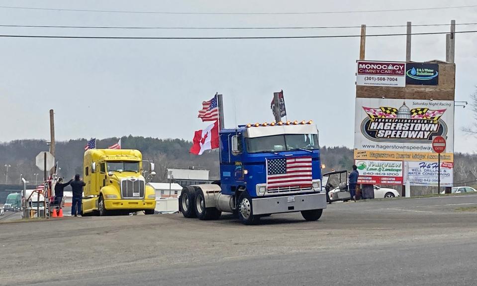 The People's Convoy departs Hagerstown Speedway on Thursday morning for a trip to California to continue its protests against mandated COVID-control measures.