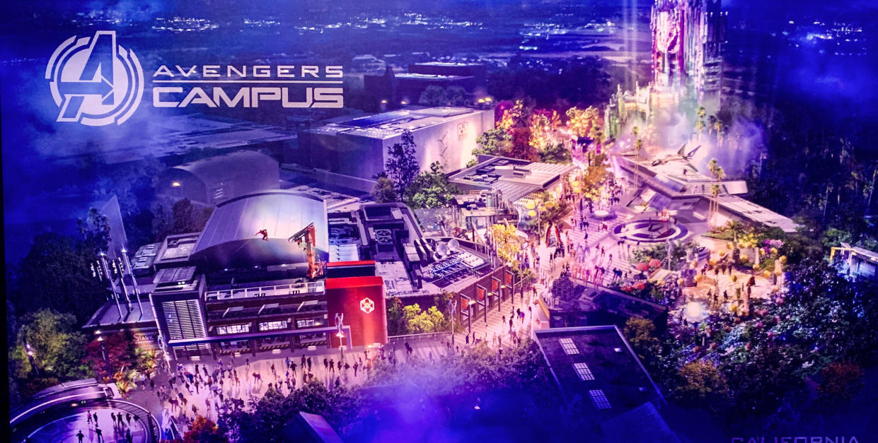 ANAHEIM, CA - AUGUST 22: Rendering of Disney California  Adventure"u2019s upcoming Marvel-themed land named Avengers Campus during a media preview at the D23 Expo in Anaheim, CA, on Thursday, Aug. 22, 2019."n(Photo by Jeff Gritchen/MediaNews Group/Orange County Register via Getty Images)