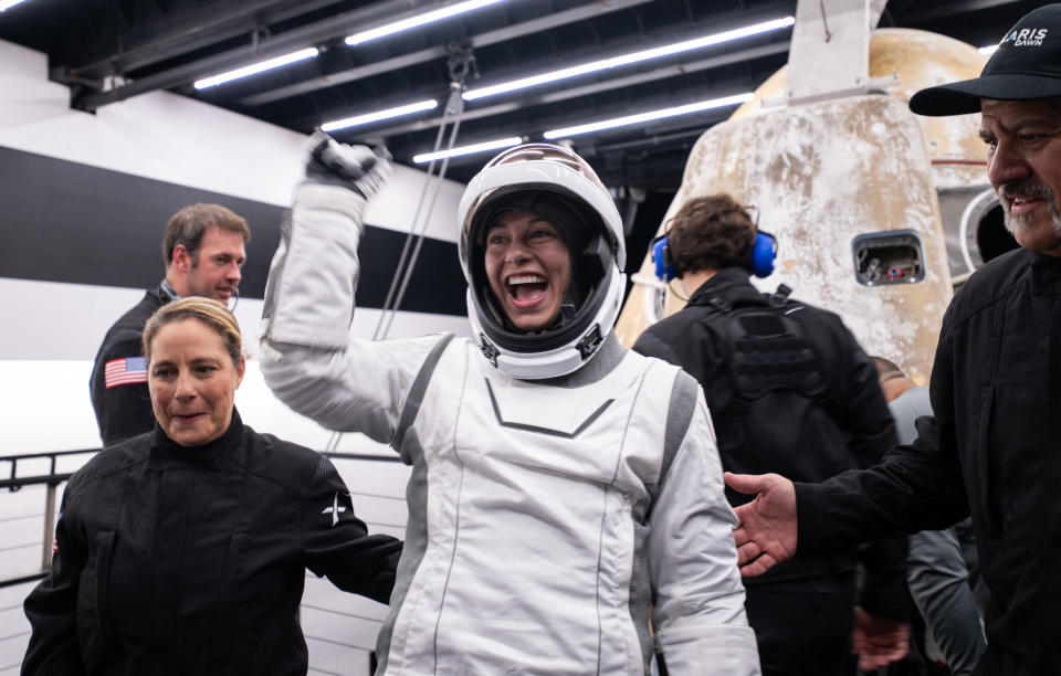 This handout photo provided by SpaceX and Polaris on September 15, 2024 shows Sarah Gillis, mission specialist, stepping out of the manned Polaris Dawn mission's 