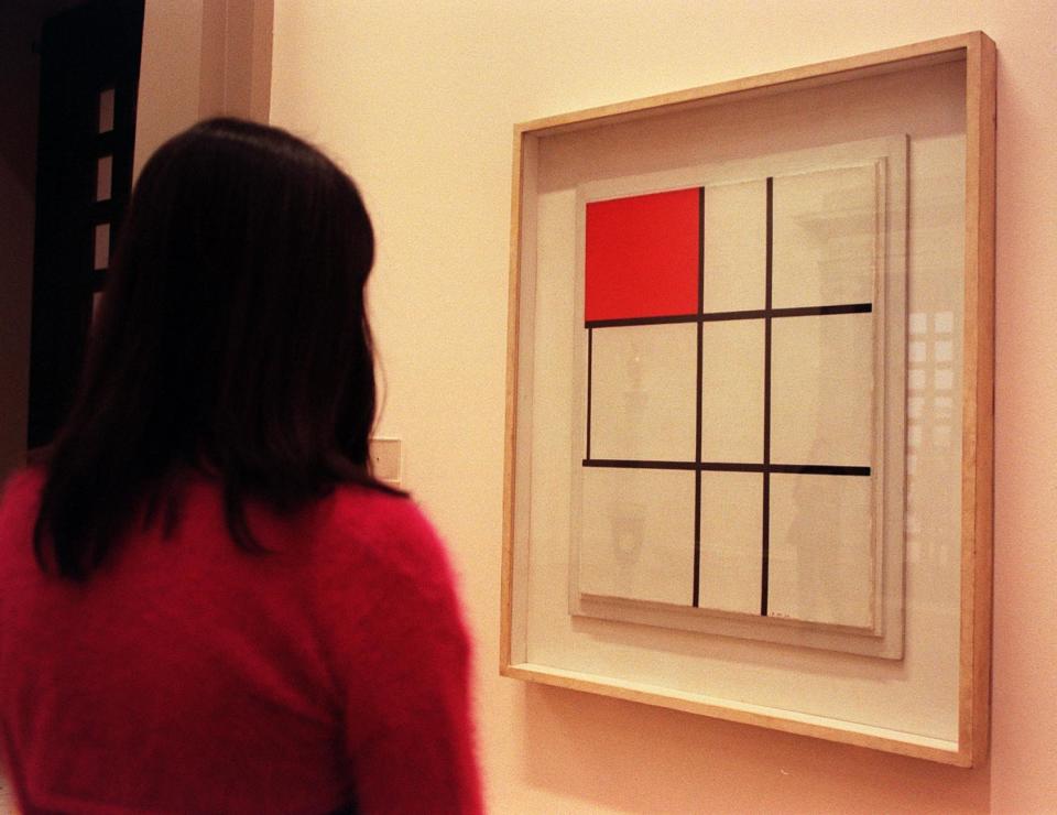 'Composition B with Red' a work by Dutch abstract painter Piet Mondrian (1872-1944),  at the Tate Gallery. The work will be displayed at the gallery before becoming part of the international collection at the Tate Modern, which opens on 12th May 2000.   (Photo by Matthew Fearn - PA Images/PA Images via Getty Images)